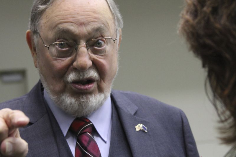 This Oct. 17, 2016, photo shows U.S. Rep. Don Young gesturing while speaking with a reporter after a debate in Anchorage, Alaska. The most senior member in the U.S. House has argued against gun control by wondering how many Jews "were put in the ovens" during the Holocaust because they weren't armed.  Young, a Republican from Alaska, made the comments at a meeting in Juneau when responding to a question about what the federal government and municipalities can do to stop school shootings.  (AP Photo/Mark Thiessen)