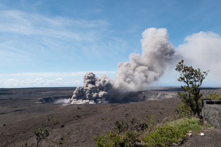 An ash plume rises from the Overlook Vent in Halema'uma'u crater in Hawaii, U.S., May 11, 2018.  USGS/Handout via REUTERS