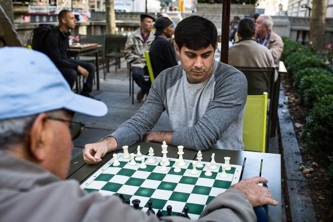 Max practices in Bryant Park, Manhattan, three weeks before his scheduled match with Magnus Carlsen.