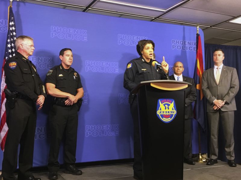 Phoenix Police Chief Jeri Williams speaks at a news conference about the linking of nine homicides to a convicted felon on Thursday, Jan. 18, 2018, in Phoenix, Ariz. Phoenix-area police have evidence linking 35-year-old Cleophus Cooksey Jr., already charged with killing his mother and stepfather, to seven additional homicides that occurred in a three-week span late last year. (AP Photo/Terry Tang)