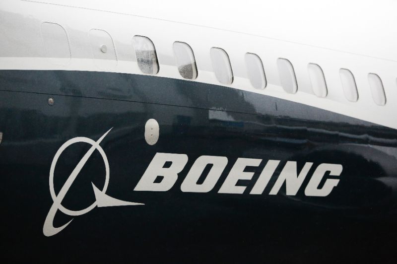 The Boeing logo on the first Boeing 737 MAX 9 airplane is pictured during its rollout for media in March 2017