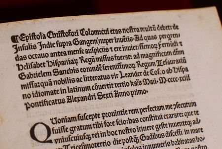 A copy of a letter written by Christopher Columbus, that had been stolen from Vatican archives and returned by  United States to the Vatican Library, is seen displayed at the Vatican June 14, 2018. REUTERS/Tony Gentile/Pool