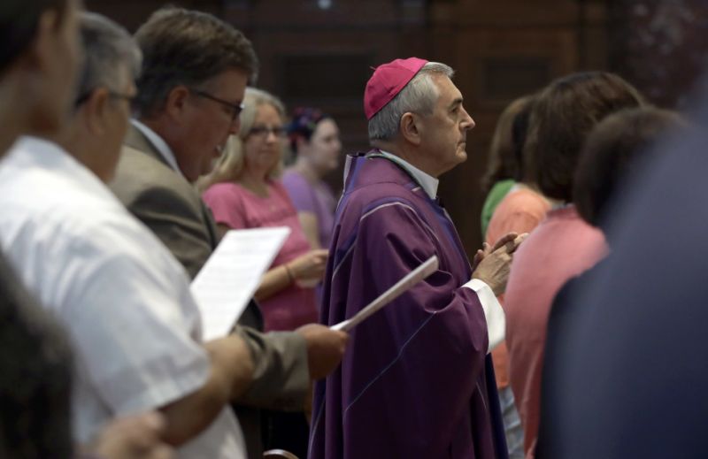 Bishop Ronald Gainer, of the Harrisburg Diocese, arrives to celebrate mass at the Cathedral Church of Saint Patrick in Harrisburg, Pa., Friday, Aug. 17, 2018. Gainer, who's named in a grand jury report on rampant sexual abuse by Roman Catholic clergy is celebrating a Mass of forgiveness, as the Vatican expresses 