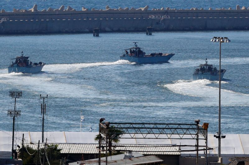 Israeli warships manoeuvre at Ashdod naval base on the Mediterraean coast on July 29, 2018, as the military intercepts a first vessel in the "Freedom Flotilla" attempting to breach the more than decade-long blockade of Gaza