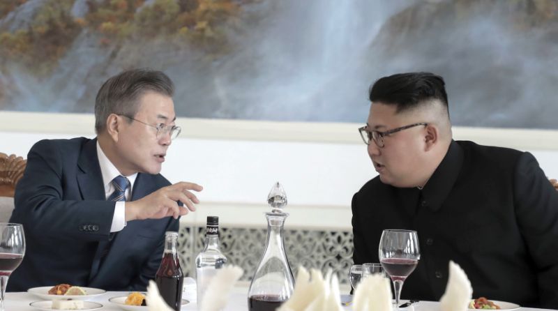 In this Wednesday, Sept. 19, 2018, file photo, South Korean President Moon Jae-in, left, talks with North Korean leader Kim Jong Un at a restaurant in Pyongyang, North Korea, Wednesday, Sept. 19, 2018. (Pyongyang Press Corps Pool via A, File)