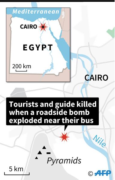 Map locating the explosion Friday of a roadside bomb which hit a tourist bus as it travelled close to the Giza pyramids outside Cairo (AFP Photo/Cecilia SANCHEZ)