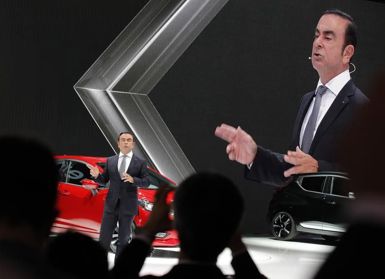 Carlos Ghosn addressed the media at the 2016 Paris Auto Show. 