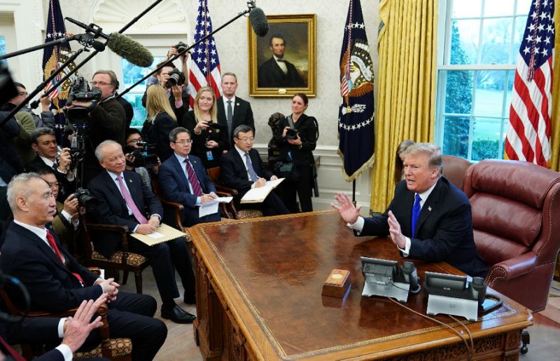 US President Donald Trump speaks during a meeting in the Oval Office with China's Vice Premier Liu He