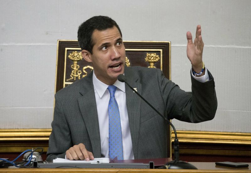 Venezuela' self proclaimed interim president and President of the National Assembly Juan Guaido, speaks during a session at the National Assembly, in Caracas, Venezuela, Wednesday, Feb. 13, 2019. Guaido said Wednesday that the National Assembly has appointed six executives to a transitional board for its PDVSA state-owned oil company and its U.S. subsidiaries, including Houston-based refiner Citgo. (AP Photo/Ariana Cubillos)