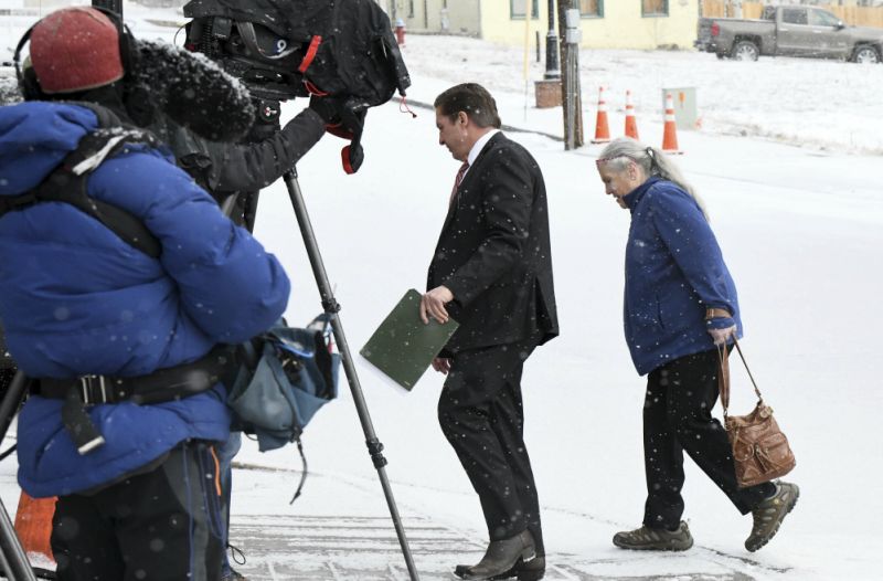 Patrick Frazee's mother, Sheila Frazee, right, walks into the Teller County Courthouse in Cripple Creek, Colo., Tuesday, Feb. 19, 2019, before Patrick Frazee appeared in court. Patrick Frazee, charged with murder in the death of his missing fiancee Kelsey Berreth, tried to convince a woman he was having an affair with to commit the killing, investigators testified Tuesday. (Jerilee Bennett/The Gazette via AP)