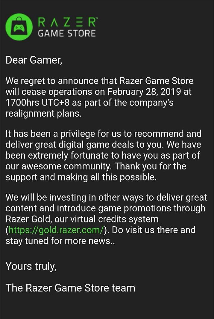 Razer Game Store closure