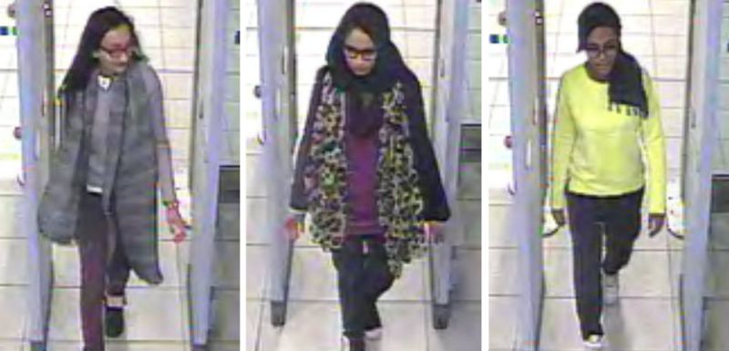 FILE - This is a Monday Feb. 23, 2015 file handout image of a three image combo of stills taken from CCTV issued by the Metropolitan Police Kadiza Sultana, left, Shamima Begum, centre and and Amira Abase going through security at Gatwick airport, before they caught their flight to Turkey. The Dutch man who married a British teenager after she ran away to join the Islamic State group says he wants to return home to the Netherlands with Shamima Begum and their newborn son. Yago Riedijk tells the BBC in an interview aired Sunday, March 3, 2019 from a Kurdish-run detention center that he met Begum within days of her arrival in Syria when she was 15. (Metropolitan Police via AP, file)