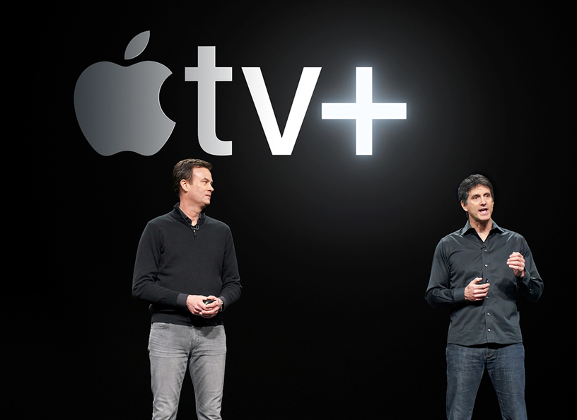 Zack Van Amburg and Jamie Erlicht on stage at the Steve Jobs Theater, unveiling Apple TV+. 
