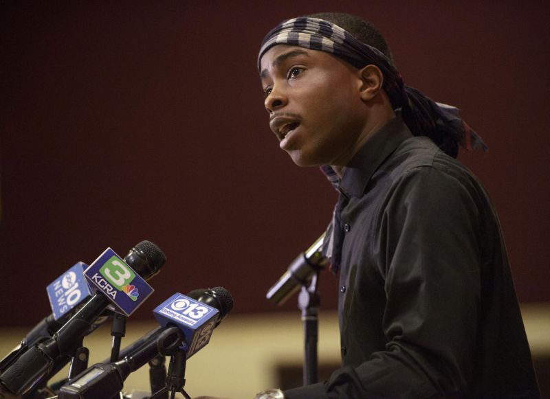 Stevante Clark, the brother of Stephon Clark who was killed by police last year, speaks during a news conference at the Genesis Church in Sacramento, Calif., Sunday, March 3, 2019. Clark's comments followed Saturday's announcement by Sacramento District Attorney Anne Marie Schubert that the two officers who shot and killed Stephon Clark will not be charged in the shooting. (AP Photo/Randall Benton)