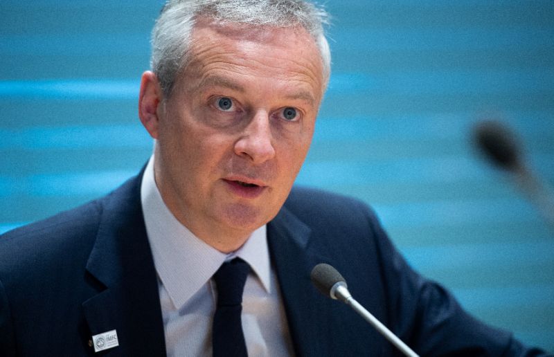 French Finance Minister Bruno LeMaire holds a press conference during the IMF - World Bank Spring Meetings at International Monetary Fund Headquarters in Washington, DC, on April 12, 2019