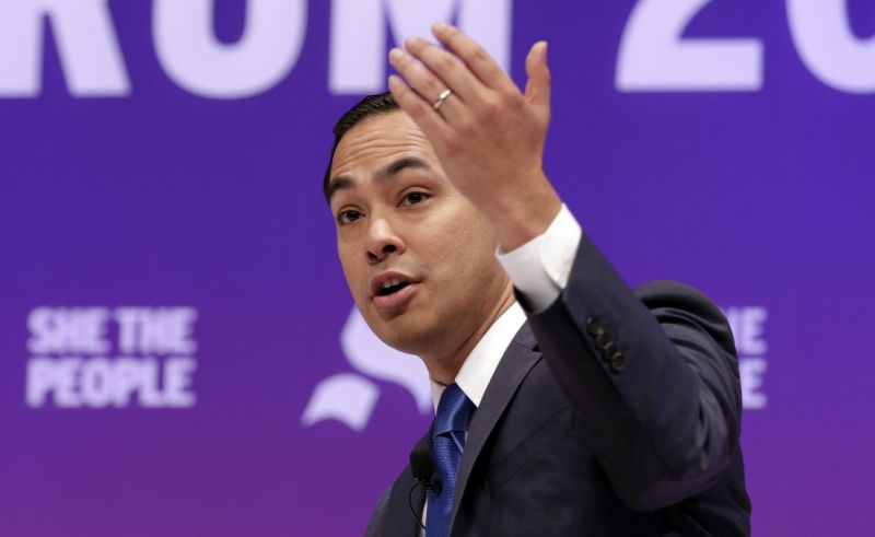 Democratic presidential candidate Julian Castro answers questions during a presidential forum held by She The People on the Texas State University campus Wednesday, April 24, 2019, in Houston. (AP Photo/Michael Wyke)