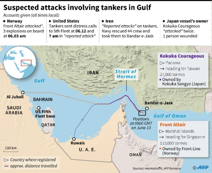 What different countries have said about an incident involving two oil tankers in the Gulf of Oman. (AFP Photo/Thomas SAINT-CRICQ)