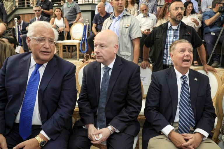 (L to R) US Ambassador to David Friedman, White House Middle East envoy Jason Greenblatt and US Senator Lindsey Graham (R-SC) attend an event in the Palestinian neighbourhood of Silwan in annexed east Jerusalem