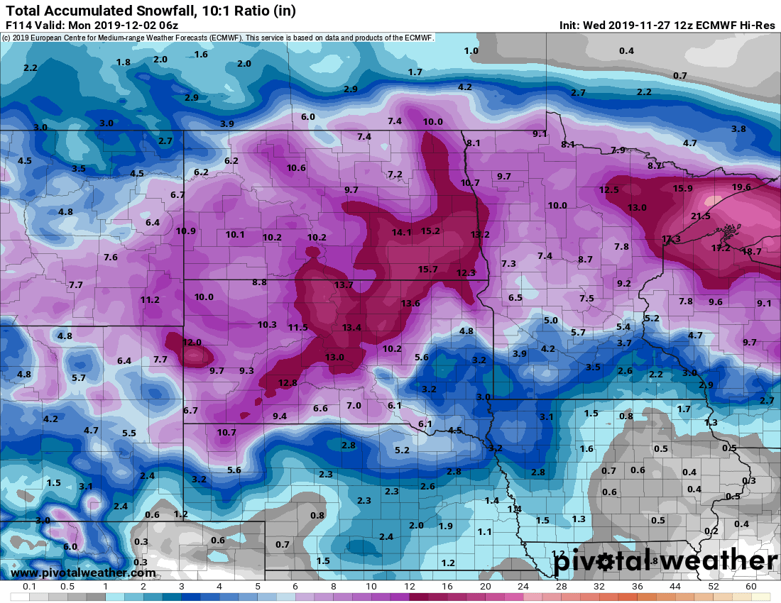 European model (ECMWF) snowfall output through Sunday