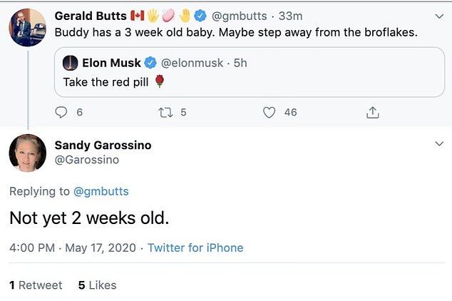 She also tweeted a response to Canadian activist Gerald Butts, who said: 'Buddy has a 3 week old baby. Maybe step away from the broflakes'