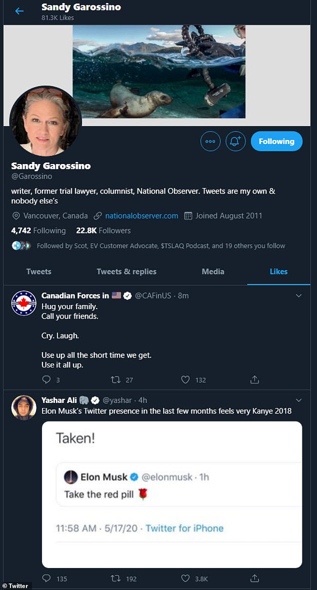 The drama between Sandy Garossino and her daughter's partner Elon Musk continued on Tuesday after she appeared to like and then unlike a tweet which compared the billionaire entrepreneur to Kanye