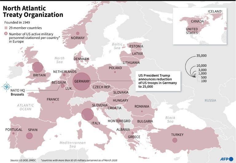 Map of the NATO member states showing the numbers of US troops stationed by country. (AFP Photo/)