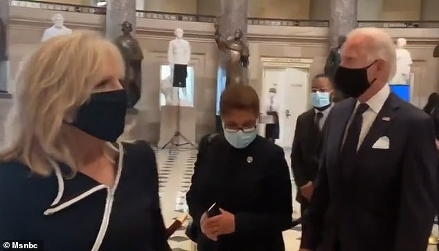 Raising speculation: Karen Bass was seen walking alongside Joe Biden after they both paid respects - with Biden's wife Jill - to John Lewis as the Civil Rights icon and Democratic congressman lay in state in the Capitol this week
