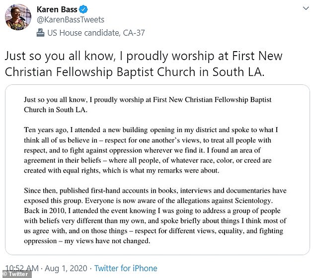 On Saturday, Bass released a statement clarifying that she prays at a Baptist church in LA