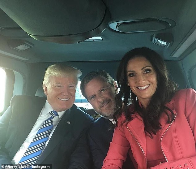 Jerry Falwell Jr and Becki Falwell pictured with Donald Trump in May 2017. The couple are ardent supporters of Trump