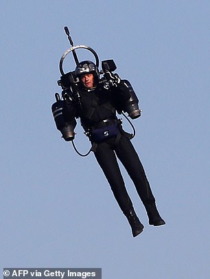 David Mayman, CEO of Jetpack Aviation, claims current technology would make the Sunday jetpack sighting almost impossible. Pictured, 'Jetpack Man' flies during the 2018 Red Bull Air Race World Championships in Cannes