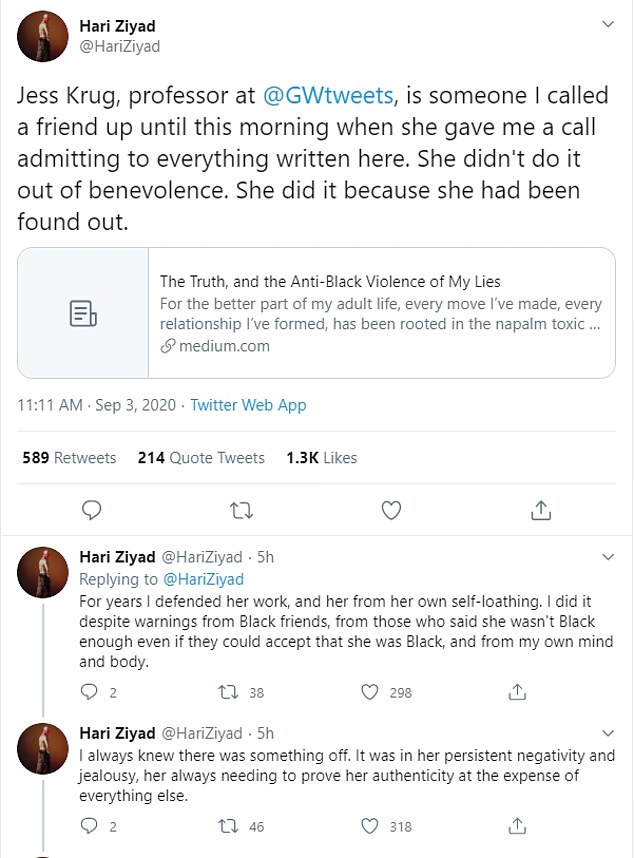 Hari Ziyad, a black author and screenwriter, claimed that she had only penned the post because she had been 'found out'