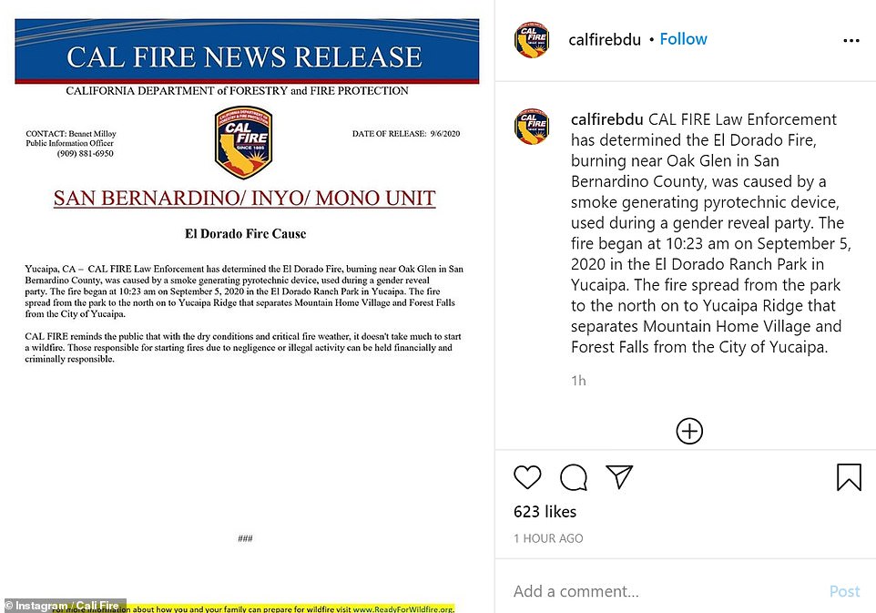 The California Department of Forestry and Fire Protection said on Sunday night a gender reveal party had sparked the fire