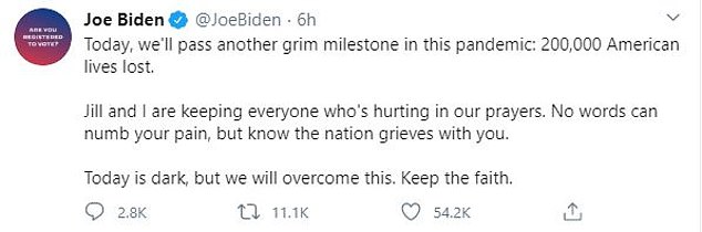 'Today is dark, but we will overcome this,' Biden wrote