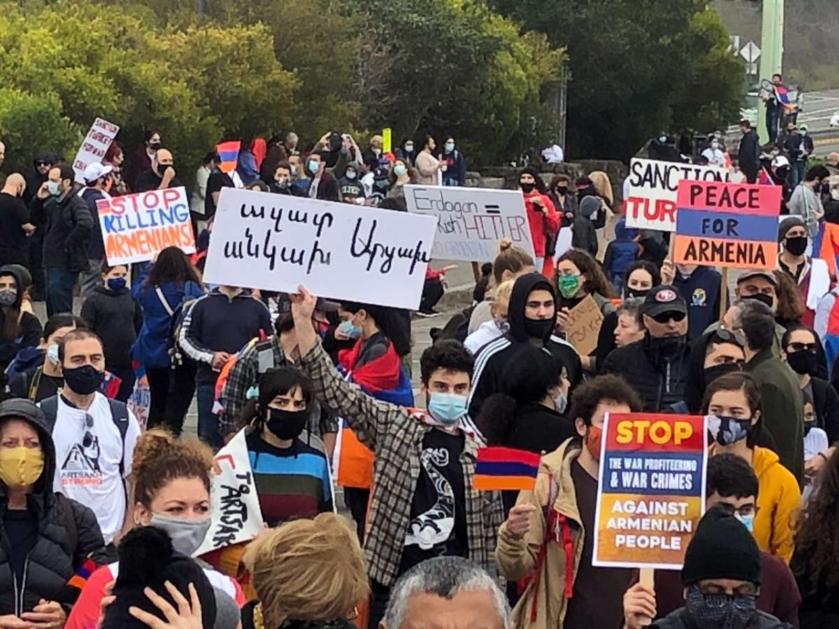 Thousands of people marched across the Golden Gate Bridge on Saturday, Oct. 10, 2020, to draw attention to the conflict between Armenia and Azerbaijan.