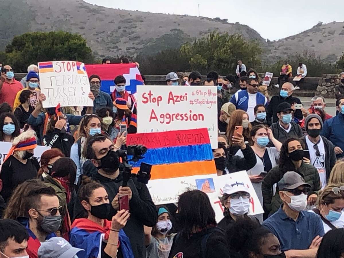 Thousands of people marched across the Golden Gate Bridge on Saturday, Oct. 10, 2020, to draw attention to the conflict between Armenia and Azerbaijan.