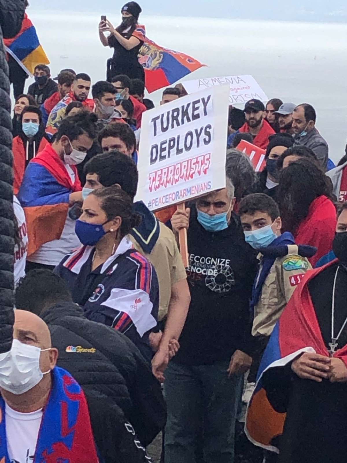 Thousands of people marched across the Golden Gate Bridge on Saturday, Oct. 10, 2020, to draw attention to the conflict between Armenia and Azerbaijan.