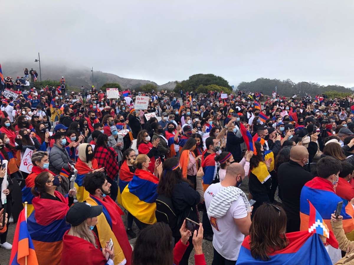 Thousands of people marched across the Golden Gate Bridge on Saturday, Oct. 10, 2020, to draw attention to the conflict between Armenia and Azerbaijan.