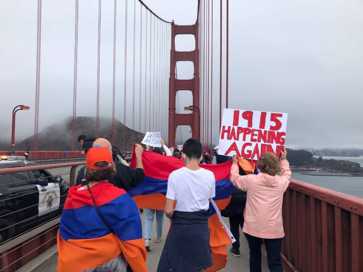 Thousands of people marched across the Golden Gate Bridge on Saturday, Oct. 10, 2020, to draw attention to the conflict between Armenia and Azerbaijan.