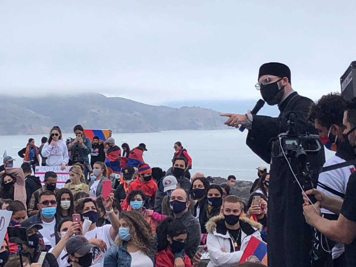 Thousands of people marched across the Golden Gate Bridge on Saturday, Oct. 10, 2020, to draw attention to the conflict between Armenia and Azerbaijan.
