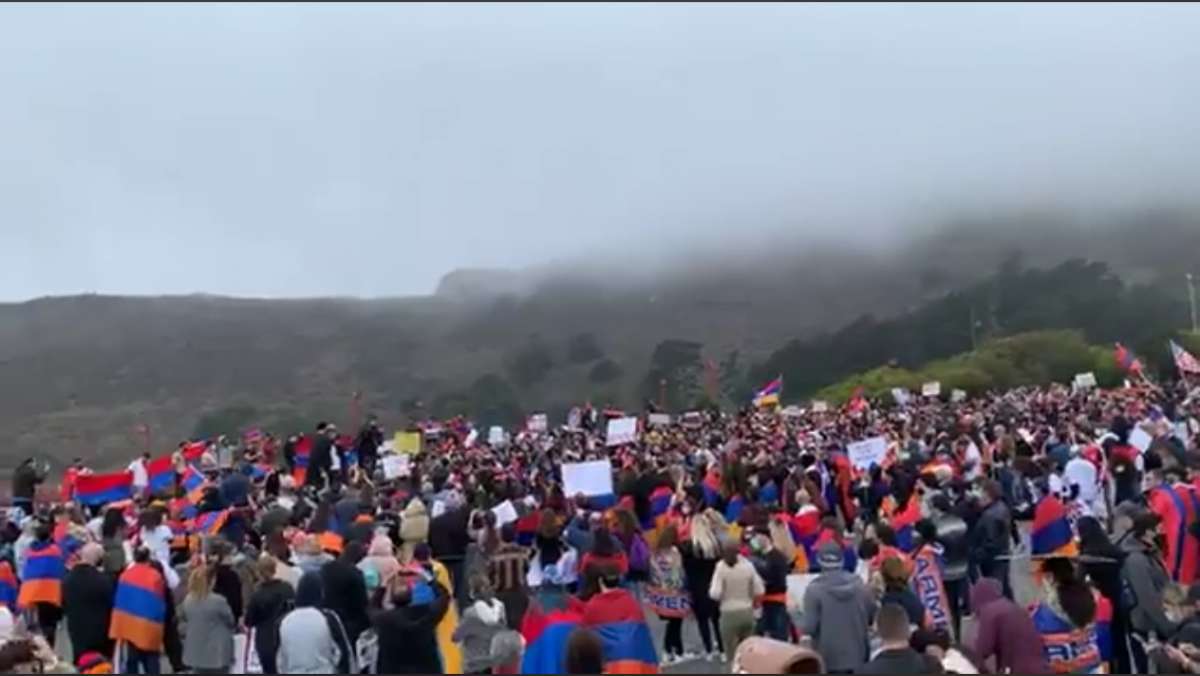 Thousands of people marched across the Golden Gate Bridge on Saturday, Oct. 10, 2020, to draw attention to the conflict between Armenia and Azerbaijan.