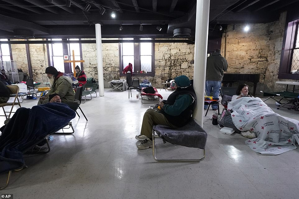 San Antonio, Texas: People seeking shelter gather at a make-shift warming shelter at Travis Park Methodist Church, Tuesday