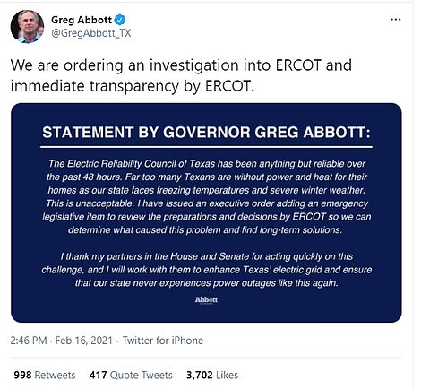 Governor Greg Abbot has demanded investigation into grid manager, the Electric Reliability Council of Texas