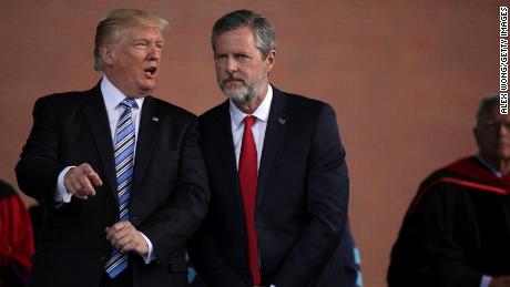 Former President Donald Trump with Jerry Falwell Jr. during commencement at Liberty University in May 2017.
