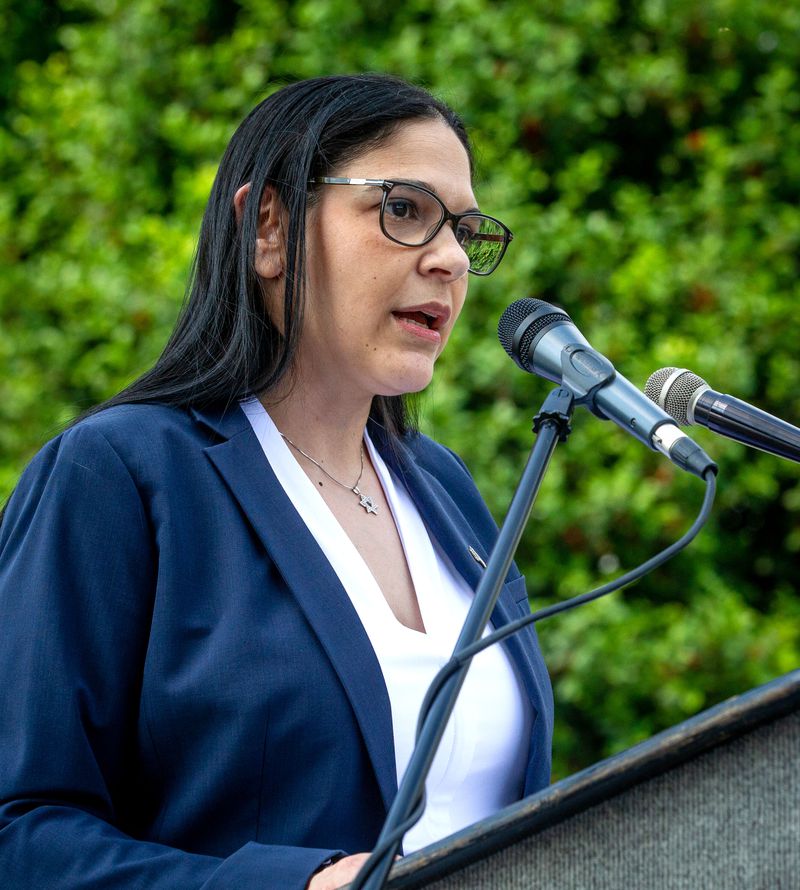 Counsul General Anat Sultan-Dadon talks during a rally at the Israeli Consulate in Atlanta on Sunday, May 23, 2021. (Photo: Steve Schaefer for The Atlanta Journal-Constitution)