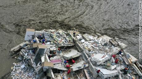 A drone photo shows ongoing rescue operations after heavy rains caused floods in Bozkurt district of Kastamonu, Turkey.