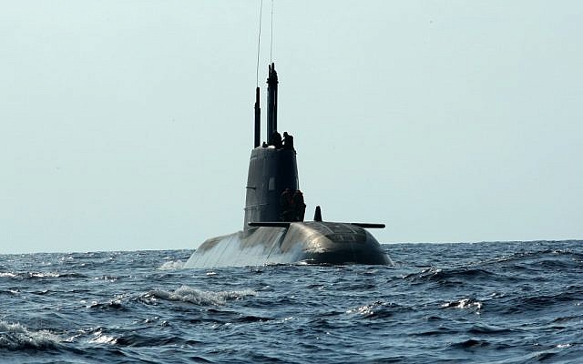 An Israeli navy Dolphin-class submarine (photo credit: Moshe Shai/FLASH90)