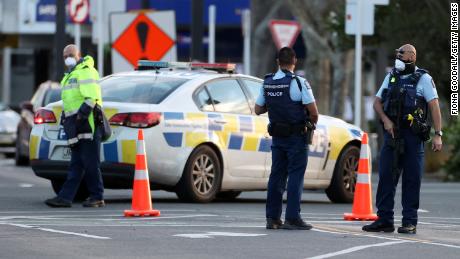 Police guard the area around Countdown LynnMall where a violent extremist reportedly stabbed six people before being shot by police on September 03 in Auckland, New Zealand.