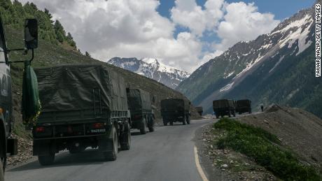 An Indian army convoy, carrying reinforcements and supplies, travels toward Leh through Zoji La, a high mountain pass bordering China on June 13 in Ladakh, India.