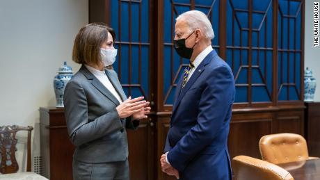 US President Joe Biden meets with Svetlana Tikhanovskaya in the White House in July.