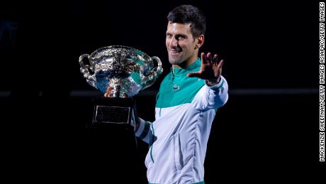 Djokovic celebrates winning the Australian Open at Melbourne Park on February 21, 2021.